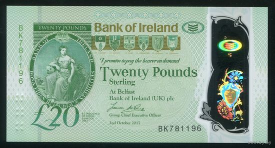 Северная Ирландия 20 фунтов 2017 г. (Bank of Ireland). Полимер. UNC