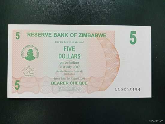Зимбабве 5 долларов 2006 UNC