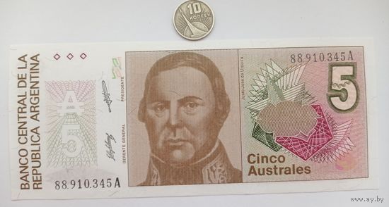Werty71 Аргентина 5 аустралей 1985 - 1989 UNC банкнота
