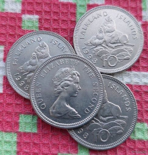 Фолклендские острова 10 пенни 1998 года. UNC. Моржи. Королева Елизавета II.