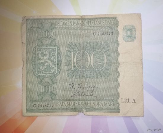 Финляндия 100 марок 1945г.Lit A серия С  не частая