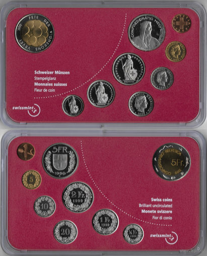 Швейцария 1999 год. 1, 5, 10, 20, 50 раппенов, 1, 2 и 5 франков (+ юбилейные 5 франков). Официальный набор монет в оригинальной коробке. BU, нечастый, тираж 16.000 шт.