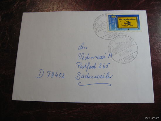 Конверт ФРГ с маркой 100 лет Херцогзэгмюле 1994 год спецгашение