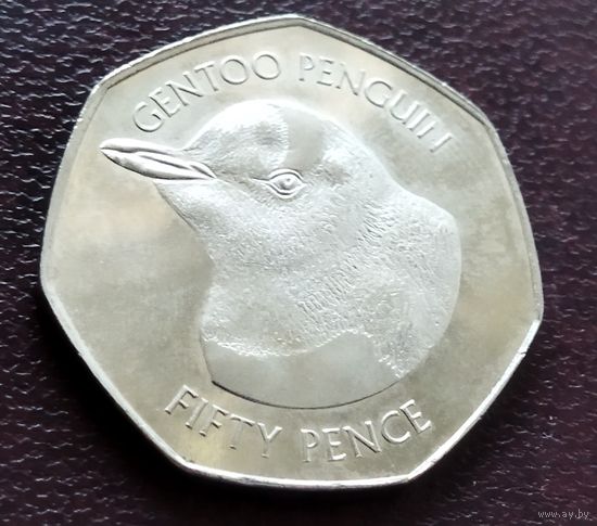 Фолклендские острова 50 пенсов, 2018-2021 Субантарктический пингвин (Pygoscelis papua) /Голова пингвина/