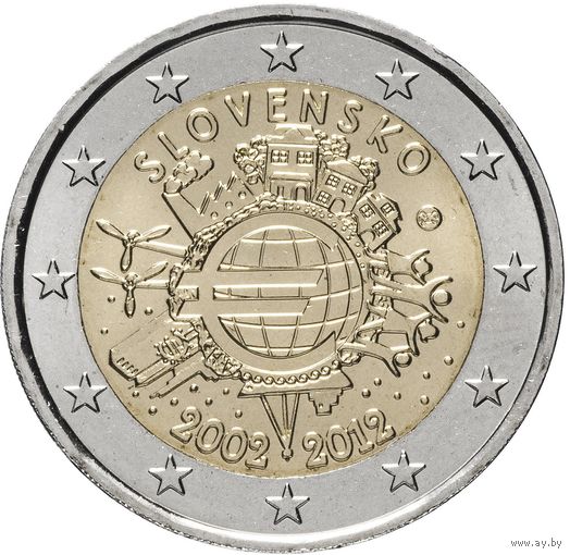 2 евро 2012 Словакия 10 лет наличному обращению евро UNC из ролла