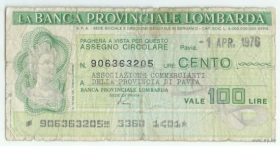 Италия, Банковский чек 100 лир 1976 год.