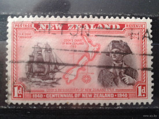 Новая Зеландия колония Англии 1940 Карта, парусник, капитан Джеймс Кук