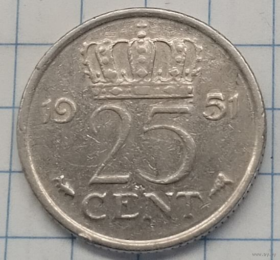 Нидерланды 25 центов 1951г.km183