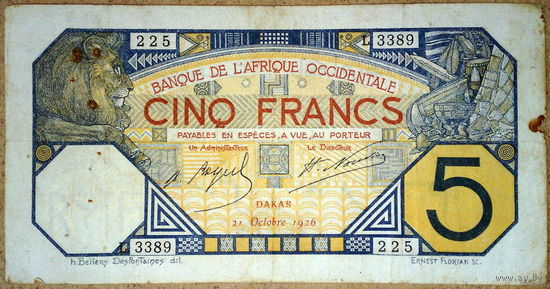 Дакар 5 франков 1926г.Pic#5B(c)