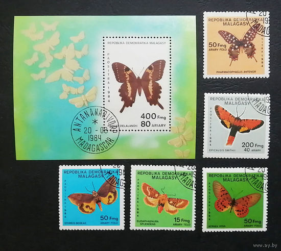 Мадагаскар 1984 г. Бабочки. Фауна, полная серия из 5 марок + Блок #0116-Ф2P24