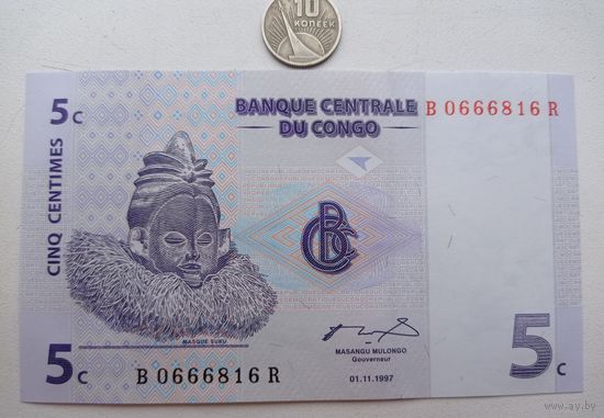 Werty71 Конго 5 сантимов 1997 UNC банкнота