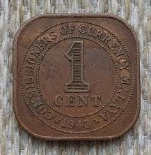 Малайзия 1 цент 1943 года. Георгий VI.