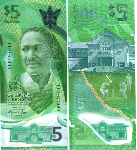 Барбадос  5 долларов    2022 год   UNC (полимер)