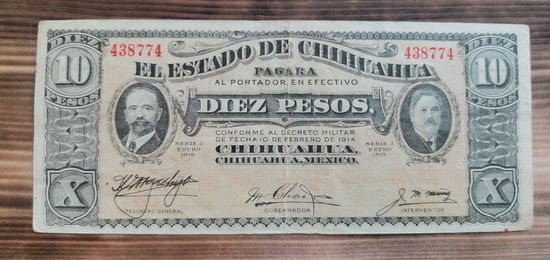 Мексика, банк Чихуахуа, 10 песо, 1915г. XF, редкая