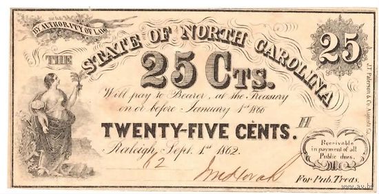 США, конфедерация, Северная Каролина, 1862 г., 25 центов.  Редкие!