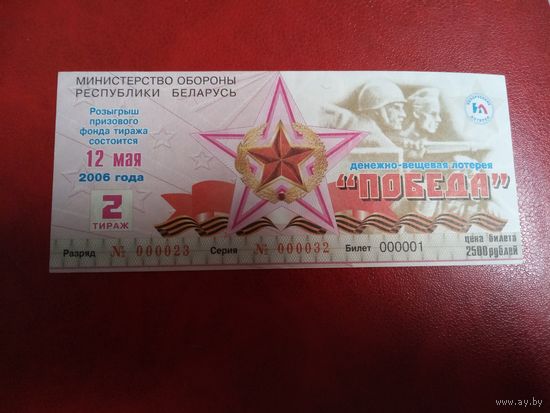 Билет денежно-вещевой лотереи "Победа". МО РБ.  12 мая 2006 года.