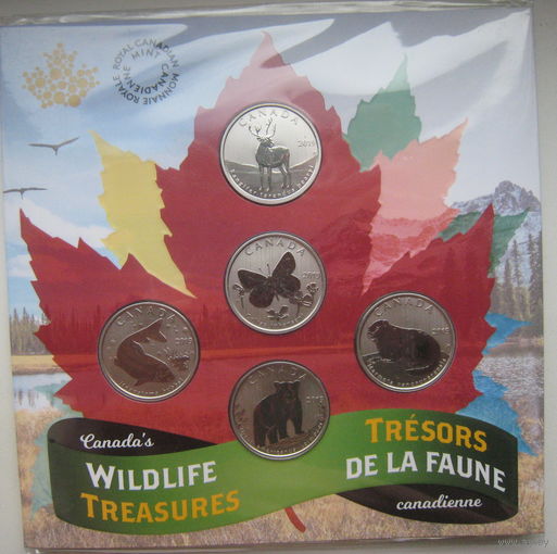 Канада 50 центов 2019 г. Животные. Сурок, Медведь, Бабочка, Рыба, Олень в буклете набор 5 шт.