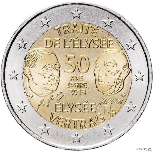 2 евро 2013 Германия 50 лет франко-германскому договору о дружбе и сотрудничестве, дворы A G F D J UNC из ролла