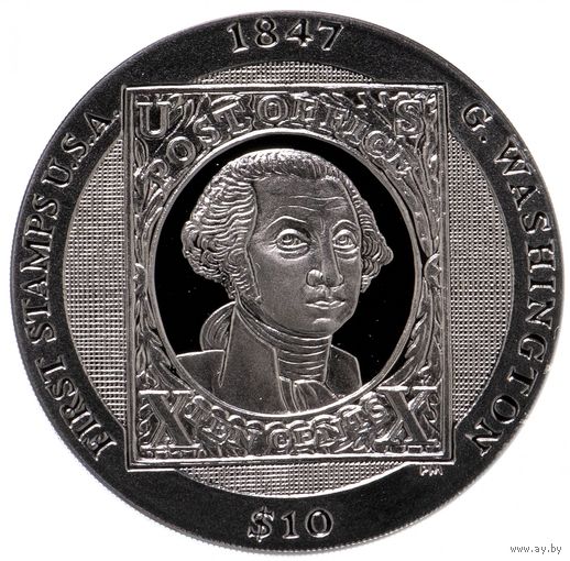 Британские Виргинские острова 10 долларов 2007г. "Первая почтовая марка: Джордж Вашингтон". Монета в капсуле; подарочном футляре; сертификат; коробка. СЕРЕБРО 28,28гр.
