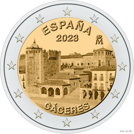 2 Евро Испания 2023  Касерес - наследие ЮНЕСКО UNC из ролла