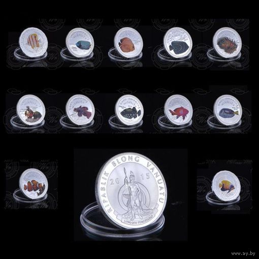 Набор 12 монет 2015г Республика БУРУНДИ серия "РЫБЫ" в капсулах, копии
