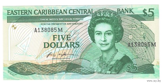 Восточные Карибы 5 долларов 1986 года. Тип Р 18m. Буква M (Монтсеррат). Состояние UNC!