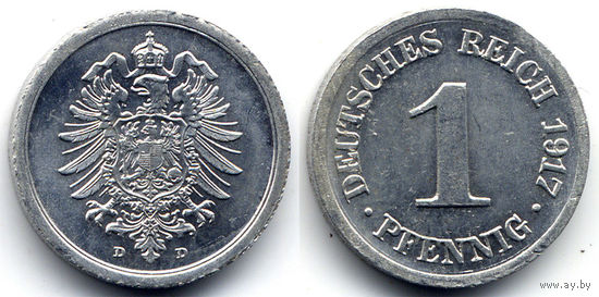 1 пфенниг 1917 D, Германия, Мюнхен. Коллекционное состояние!