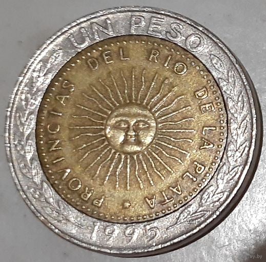 Аргентина 1 песо, 1995 Отметка монетного двора: "A" - Тэджон, Южная Корея. 6-угольная звезда над датой (4-9-10)