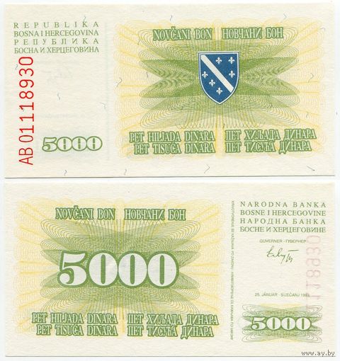Босния и Герцеговина. 5000 динаров (образца 1993 года, P16a, UNC)