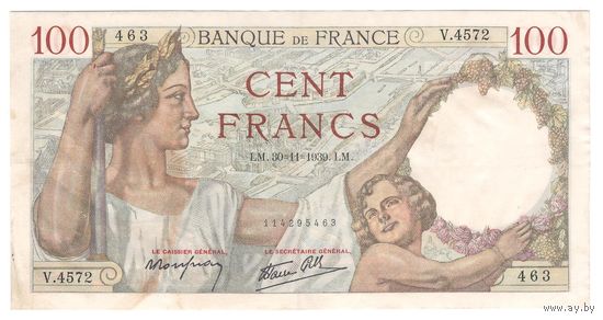Франция 100 франков 1939 года. Дата 30 ноября. Редкая! Состояние XF+!