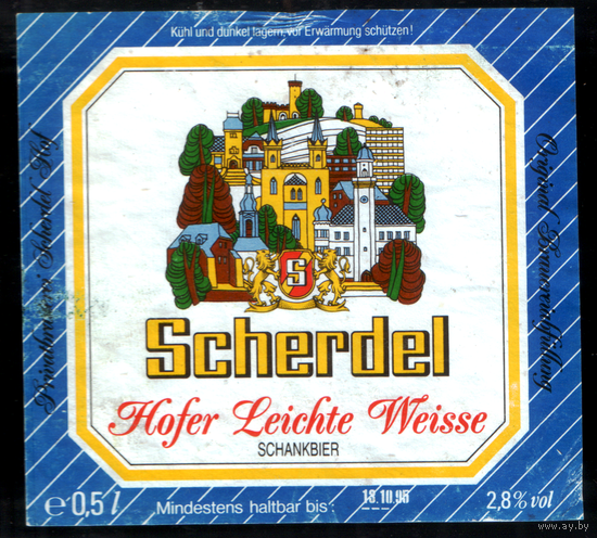 Этикетка пиво Scherdel Германия б/у Ф310