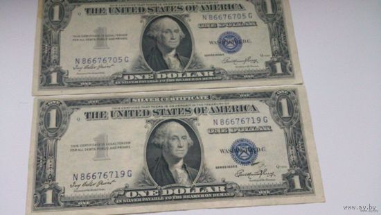 2 банкноты по 1 доллару США 1935 года  серебряный сертификат с синей печатью, банкнота, хорошее качество XF  Серия 1935