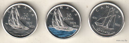 Канада набор 3 монеты 10 цент 2021 100 лет шхуне Bluenose