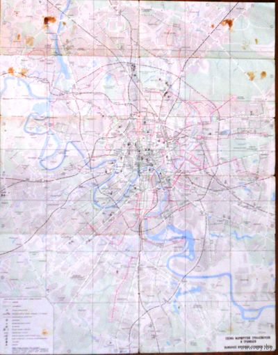 Карта Москва, схема маршрутов автобусов, маршрутных такси, троллейбусов и трамваев. 1980 г.