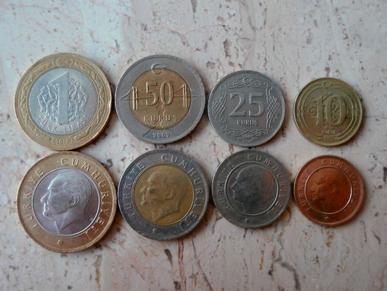 Набор 4 монеты: 1 лира, 50, 25, 10 куруш Турция
