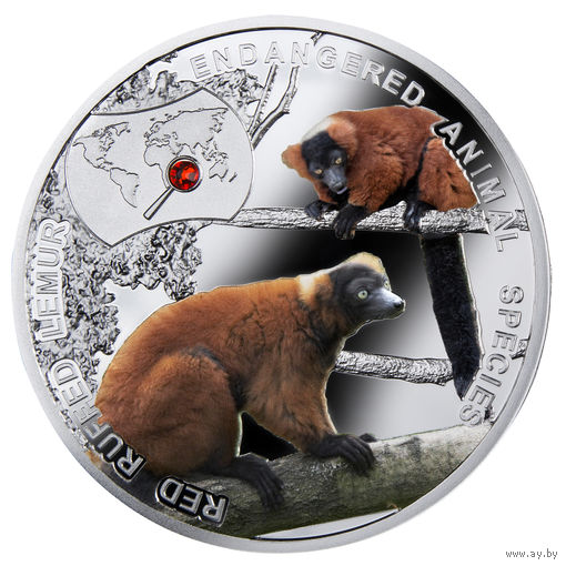 Ниуэ 1 доллар 2014г. "Лемур рыжий вари". SWAROVSKI. Монета в капсуле; подарочном футляре; сертификат; коробка. СЕРЕБРО 17,50гр.
