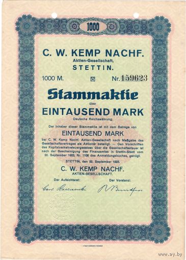 Германия, Штеттин, акция на 1000 марок, 1923 г.