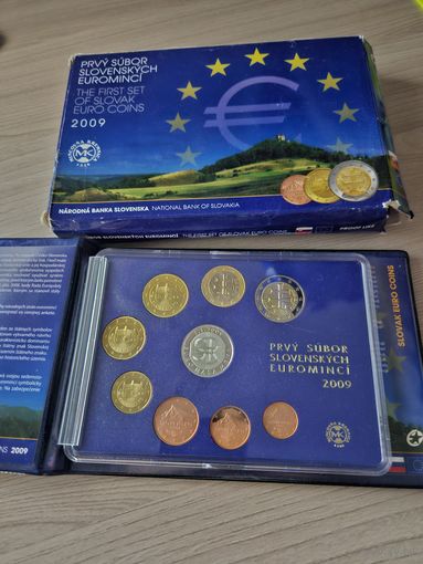 Словакия PROOF официальный набор монет евро регулярного чекана 1, 2, 5, 10, 20, 50 евроцентов, 1, 2 евро (8 монет) 2009 года в буклете