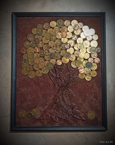 Панно "Денежное дерево", 30 на 38 см. Из монет Польши и США.