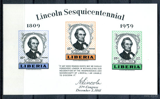 Либерия - 1959г. - 150-летие Авраама Линкольна - полная серия, MNH [Mi bl. 14] - 1 блок