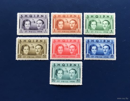 Албания 1938 год Событие Известные люди Свадьба Короля Зогу и Графини Геральдине Аппоньи Серия 7 марок Mi:264-270 Чистые
