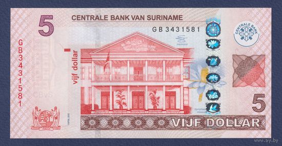 Суринам, 5 долларов 2012 г., P-162b, UNC