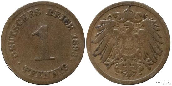 YS: Германия, Рейх, 1 пфенниг 1893D, KM# 10 (2)