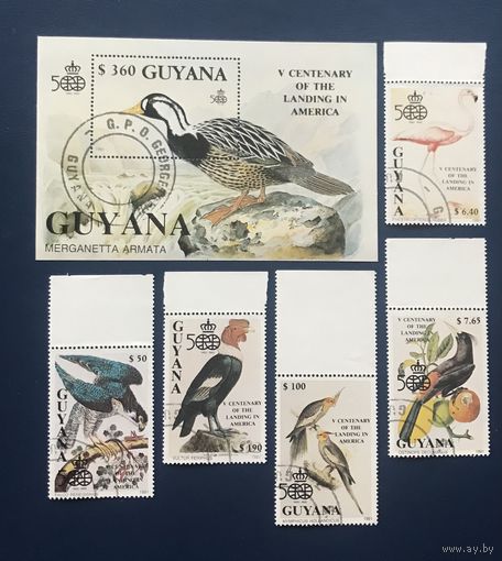 Гайана 1991 год Фауна Птицы 500 лет Открытию Америки Набор из 1 Блока и 5 Марок Гашеных