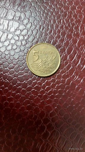 Монета 5 грошей 2007г. Польша.