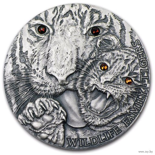RARE Ниуэ 1 доллар 2013г. "Семья дикой природы. Тигр". Монета в капсуле; подарочном футляре; сертификат; коробка. СЕРЕБРО 31,10гр.(1 oz).
