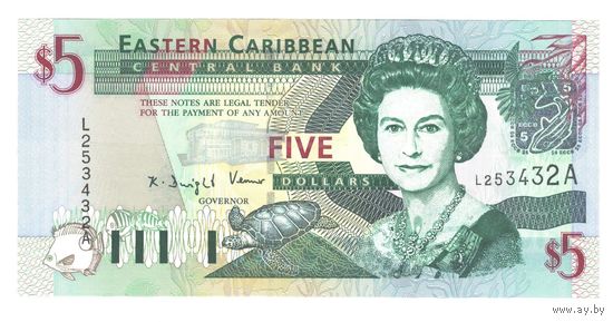 Восточные Карибы 5 долларов 2003 года. Тип Р 42a. Буква A (Антигуа и Барбуда). Состояние UNC!