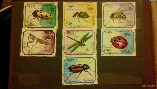 Насекомые, пчелы, стрекозы, жуки, богомолы, божьи коровки и др., фауна, марки, Кампучия, 1988