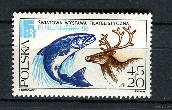 Польша - 1988 - Атлантический лосось и северный олень - [Mi. 3148] - полная серия - 1 марка. MNH.  (Лот 248AF)