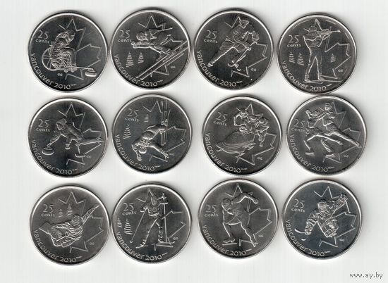 Канада 25 центов 2007-2009 Олимпиада в Ванкувере 12 штук UNC